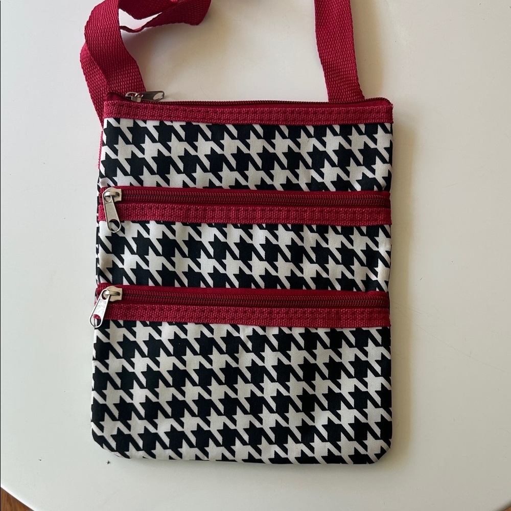 Houndstooth Crossbody Bag with Red Accents